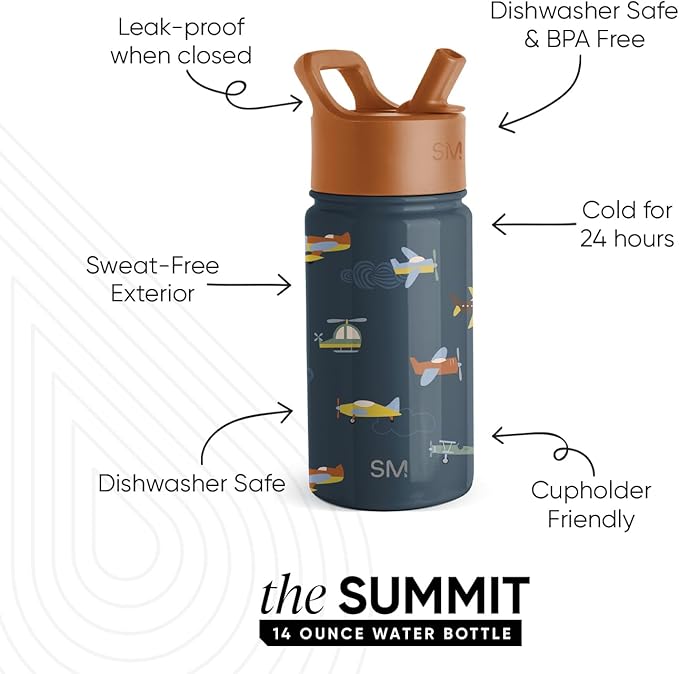 Simple Modern Kids Summit Water Bottle with Straw Lid | 14oz Stainless Steel Cup Insulated Tumbler for Toddlers, School | Wheels Up