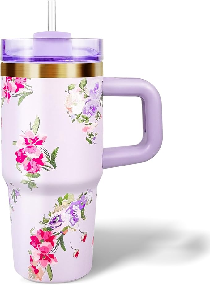 14 oz Tumbler with Handle and Straw, 14oz Toddler Tumbler with Lid and Straw for Kids Stainless Steel Tumblers, Outdoor Sports Travel School Gift, Keeps Drinks Cold up to 24 Hrs(Purple Flower)