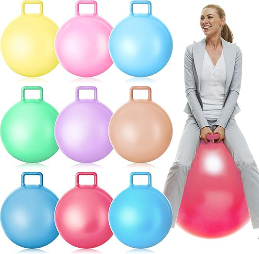 Meooeck 9 Pcs Hopper Ball 29 Inch Jumping Hopping Outdoor Bouncy Ball with Handles and Air Pump for Sports School Games Exercise(Macaron Color)