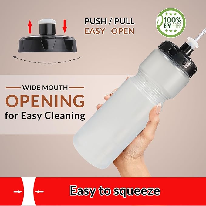 Squeeze Water Bottle Sports 24oz, BPA-Free Bicycle Water Bottle, Fit Bike Cage, Gym Cycling Hiking (Clear)