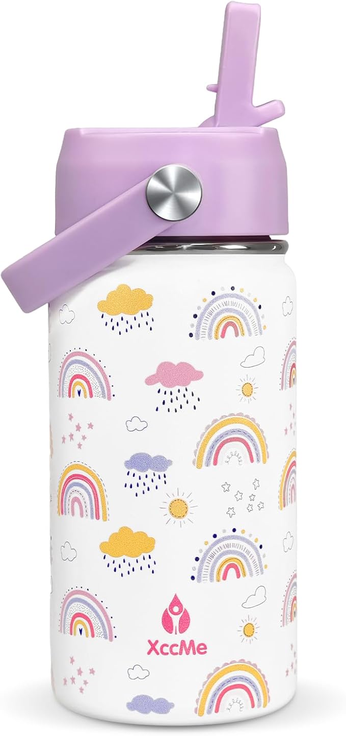 14 oz Rainbow Kids Water Bottle With Straw Lid,Stainless Steel Travel Bottle,Double Wall Leak Proof Kids Cup,Insulated Tumbler for Toddlers,Metal Bottle for School Boys Girls
