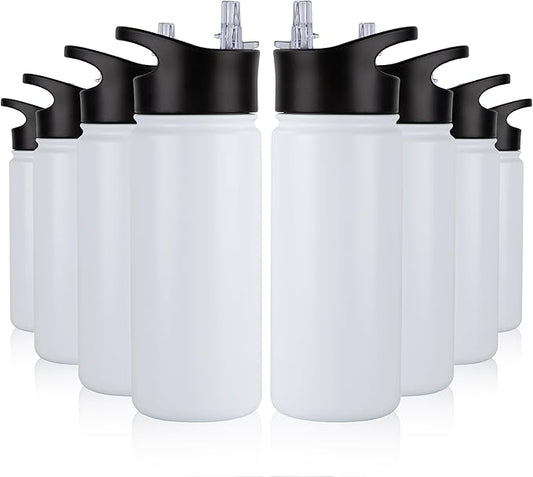 16 oz Insulated Water Bottle Bulk 8 Pack, Straw & Spout Lid, Keep Cold 24H, Spill Proof, BPA-Free, Double Wall, Stainless Steel Kids Water Bottles for School, Sports, White