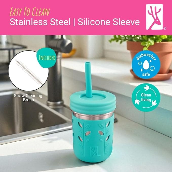 Elk and Friends 10oz Stainless Steel Kids + Toddler Drinking Cups | The Original Mason Jar with Sleeves + Lids | Silicone Straws | Smoothies | Storage Jar | Spill Resistant | Dishwasher Safe | 4 Pack