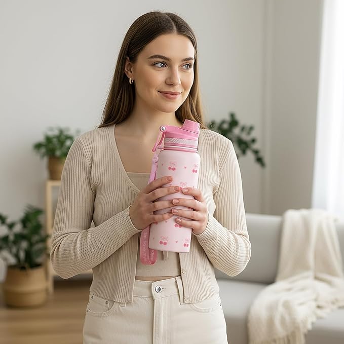 SANDJEST Cherry Stainless Steel Water Bottle with Strap 32oz, Insulated Bottles with Straw and Spout Lid for Gym Sports Travel Outdoor, Gifts for Women Girls Birthday Christmas