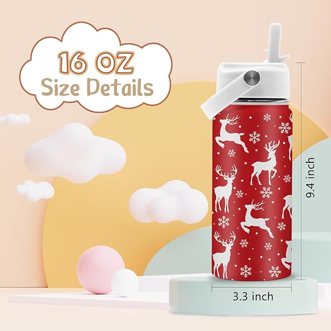 Christmas 16 oz Water Bottle with Straw Lid, Stainless Steel Insulated Tumbler, Deer Water Bottles, Reindeer Cup Gifts for Christmas Birthday (1pcs)