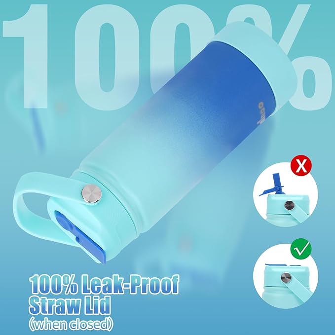 Mininoo Insulated Stainless Steel Kids Water Bottle for School with Straw Lid & Strap, 50 Stickers, 18 oz(Sky/Blue)