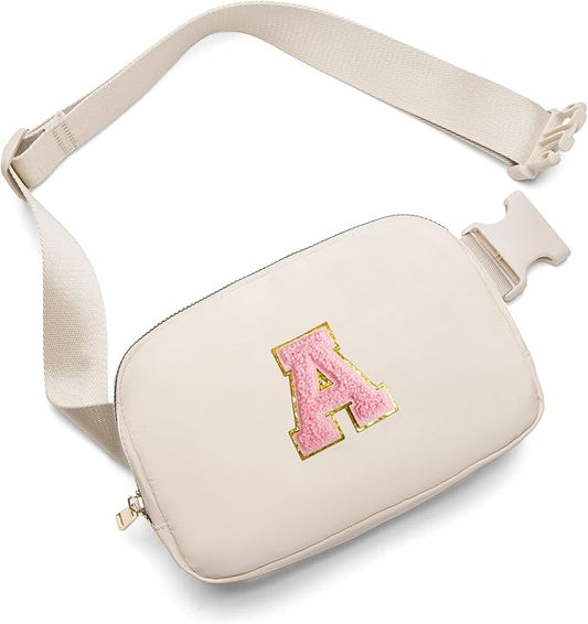 Gitus Belt Bag Fanny Pack Crossbody Bags with Initial Letter Patch Cute Stuff Birthday Gifts for Teenager Girls Trendy Preppy Stuff for Teen Girls(Beige-A)