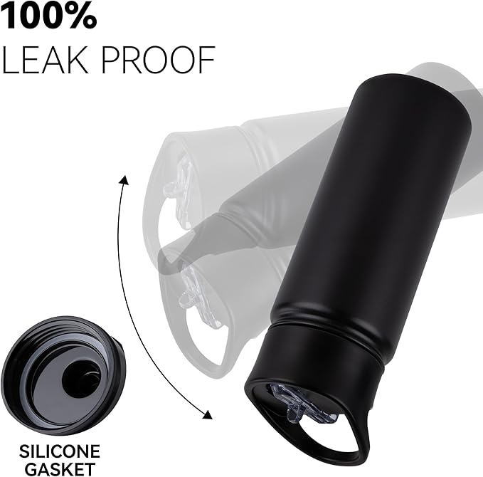 16 oz Insulated Water Bottle Bulk 8 Pack, Straw & Spout Lid, Keep Cold 24H, Spill Proof, BPA-Free, Double Wall, Stainless Steel Kids Water Bottles for School, Sports, Black