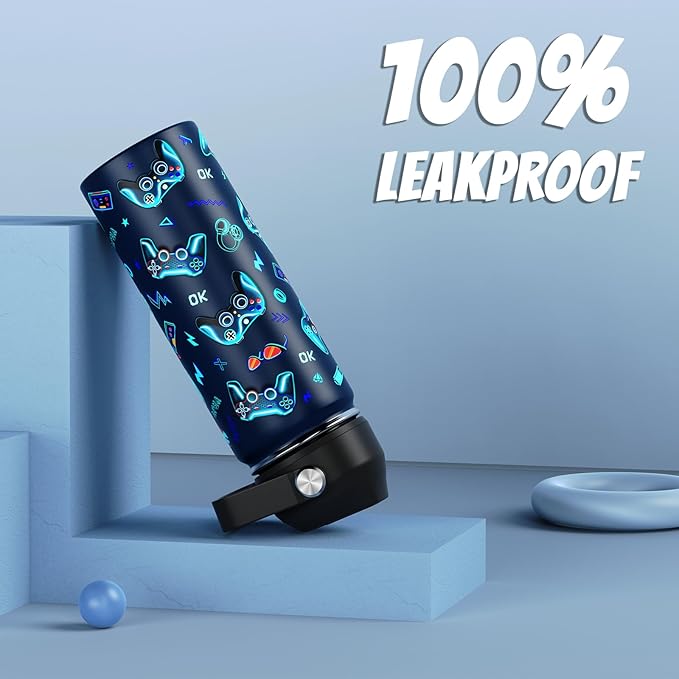 18oz Kids Insulated Water Bottle with Straw Lid - 18/8 Stainless Steel Kid Cup Travel Tumbler Double Wall Vacuum Leak Proof Portable Toddler Water Bottle (Lightning+Game）