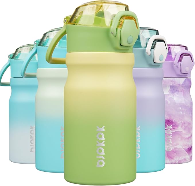 BJPKPK Water Bottle With Straw 14oz Insulated Water Bottles Reusable Stainless Steel Metal Thermo With Leak Proof Lockable Lid And Carry Handle,Lime