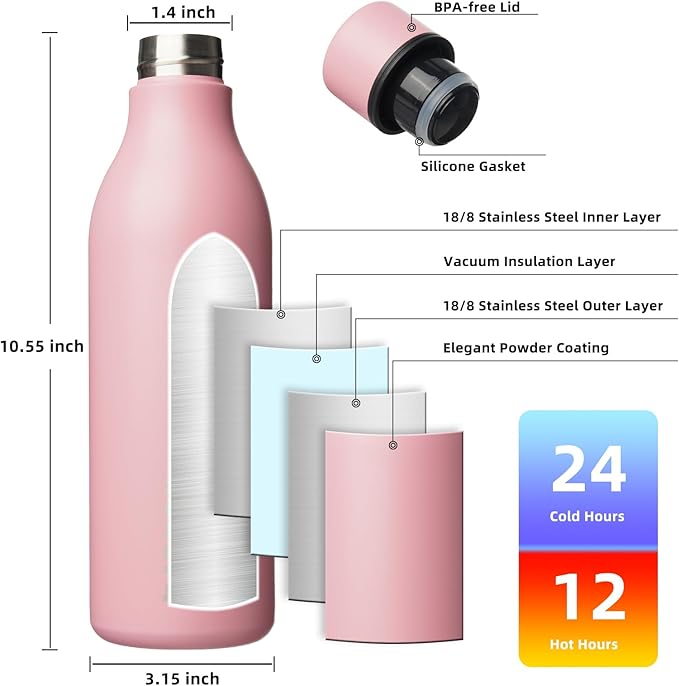 BJPKPK Insulated Water Bottles, 25 oz Stainless Steel Metal Water Bottle with Strap, BPA Free Leak Proof Thermos, Mugs, Flasks, Reusable Water Bottle for Sports & Travel, Light Pink