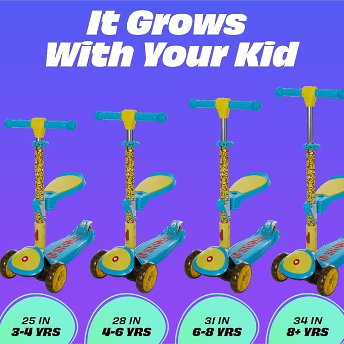 SKIDEE Kick Scooters for Kids Ages 3-5, Adjustable Height Foldable Scooter with Removable Seat, 3 LED Light Wheels, Rear Brake, Wide Standing Board, Suitable Up to 12 Year Old Boys/Girls