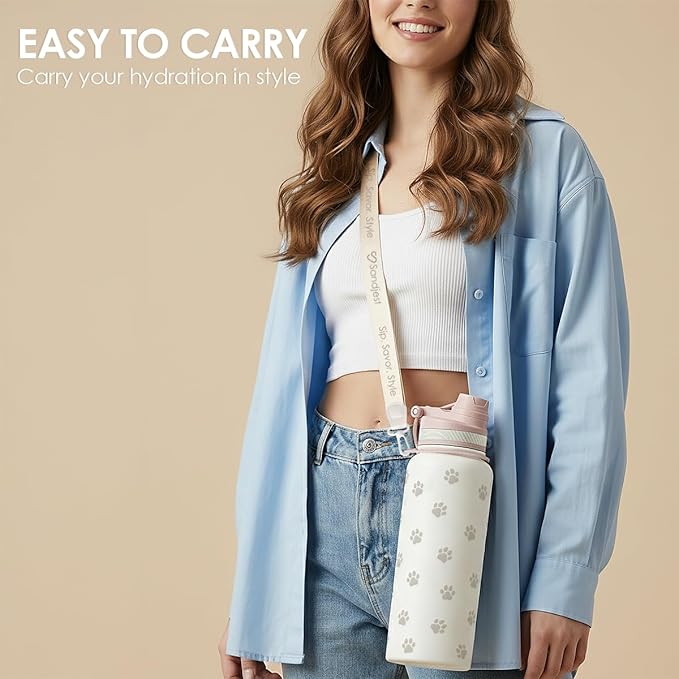 SANDJEST Paw Print Stainless Steel Water Bottle with Strap 32oz, Insulated Bottles with Straw and Spout Lid for Gym Sports Travel Outdoor, Gifts for Women Girls Birthday Christmas