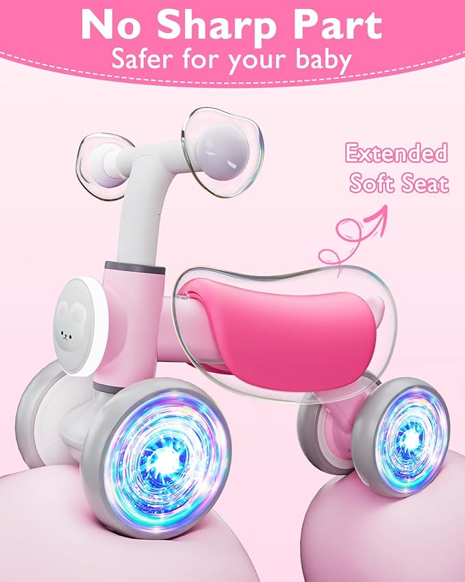 Colorful Lighting Baby Balance Bike for 1 Year Old Girls, Toddler Toys for 1 Year Old Girls Gifts, First Bike with Music and Soft Seat, 12-24 Month Toddler Balance Bike, First Birthday Gifts