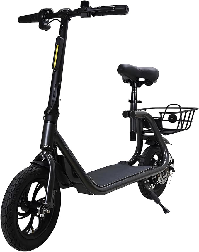 Electric Scooter with Seat & Basket, 350W Motor 12inch Tire Foldable E-Scooter Dual Disc Brakes 260LBS Max Load