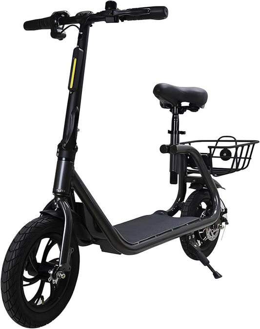 Electric Scooter with Seat & Basket, 350W Motor 12inch Tire Foldable E-Scooter Dual Disc Brakes 260LBS Max Load