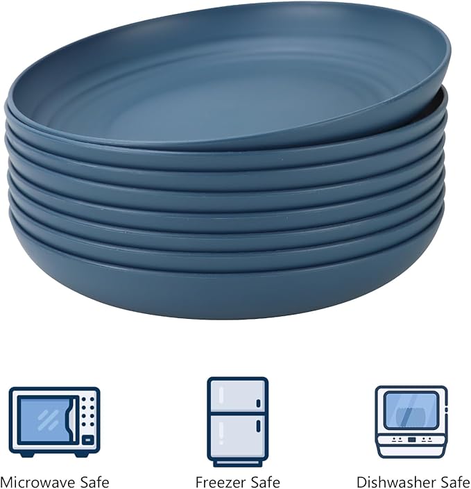 Homienly Deep Dinner Plates Set of 8-9 inch Alternative for Plastic Plates Microwave and Dishwasher Safe Wheat Straw Plates for Kitchen Unbreakable Plate Set (Blue)