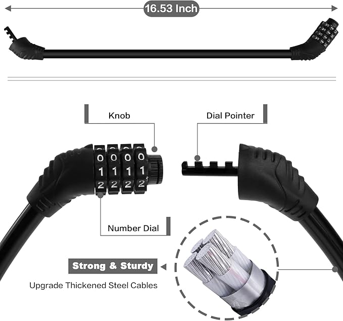 Bike Lock Cable, Bike Accessories, Bike Locks Heavy Duty Anti Theft, Combination Cable Lock for Outdoor Equipment, Black (2Ps, 1Ft, Reset Combo)