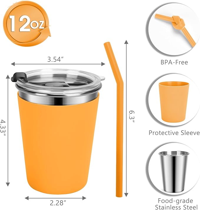 Stainless Steel Kids Cups with Lids and Straws Leakproof, 5 Pack 12oz Spill Proof Cup for Toddlers Kids Tumblers Unbreakable Sippy Cups with Straws for School, Outdoor (Multicolor)