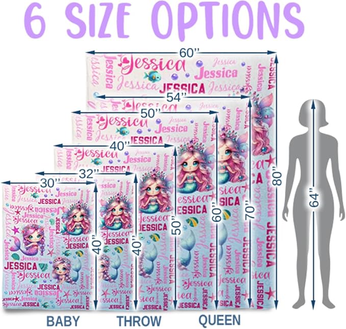 Custom Girl Blanket with Name Personalized Cute Mermaid Blanket for Newborn Customized Soft Flannel Throw Blanket Memorial Gift for Toddler on Birthday Baby Shower Christmas