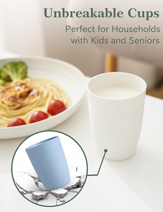 12 OZ Wheat Straw Cups Reusable Drinking Tumblers, Unbreakable Cups for Kitchen - BPA Free, Dishwasher Safe, Set of 8, Ombre Blue