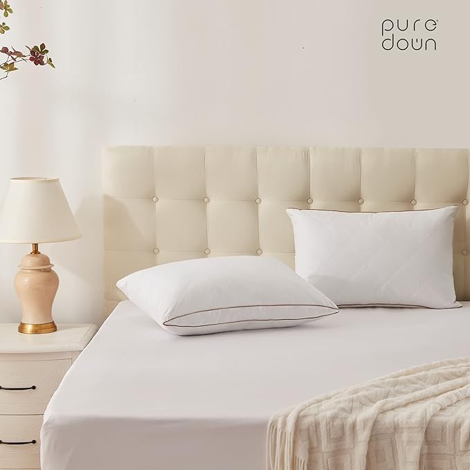 puredown® Natural Goose Down Feather Pillows for Sleeping Oval Gusseted Feather Down Pillow 100% Cotton Pillow Cover with Leaf Quilting Standard Set of 2