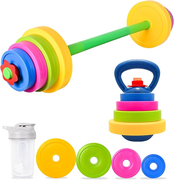 3-in-1 Kids Fitness Set with Adjustable Barbell, Kettlebell & Reusable Water Bottle – Kids Gym Equipment for Pretend Play Exercise, Fun Fitness Toys for Boys & Girls Home Workout