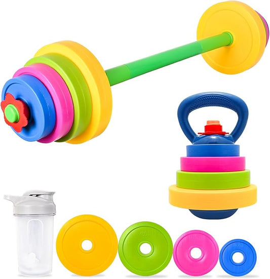 3-in-1 Kids Fitness Set with Adjustable Barbell, Kettlebell & Reusable Water Bottle – Kids Gym Equipment for Pretend Play Exercise, Fun Fitness Toys for Boys & Girls Home Workout