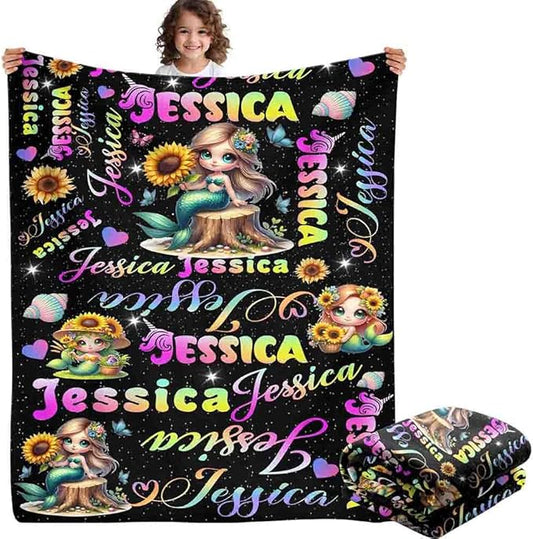 Custom Girl Blanket with Name Personalized Cute Mermaid Blanket for Newborn Customized Soft Flannel Throw Blanket Memorial Gift for Toddler on Birthday Baby Shower Christmas