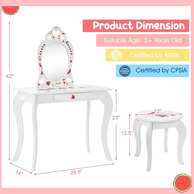 HONEY JOY Kids Vanity, Wooden Vanity Table & Chair Set with Mirror and Stool, Princess Pretend Play Dressing Table w/Detachable Top, Watermelon Theme Toddler Makeup Vanity Set for Little Girls