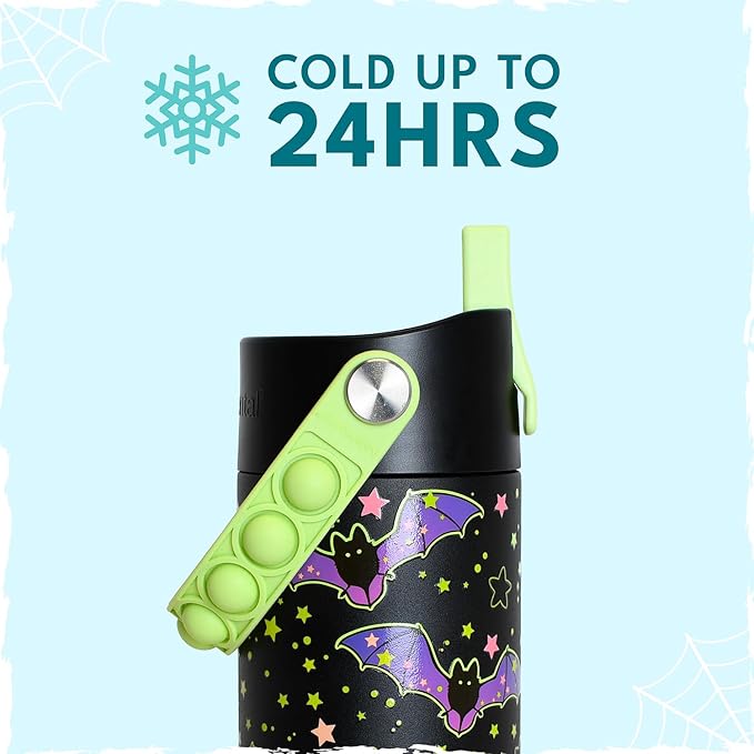 Elemental Insulated Kids Water Bottle, Stainless Steel Water Bottle with Straw Lid & Pop-It Handle, Leak-Proof Water Bottles for School, Boys or Girls, Travelling and Sports, 18oz - Glow Bats