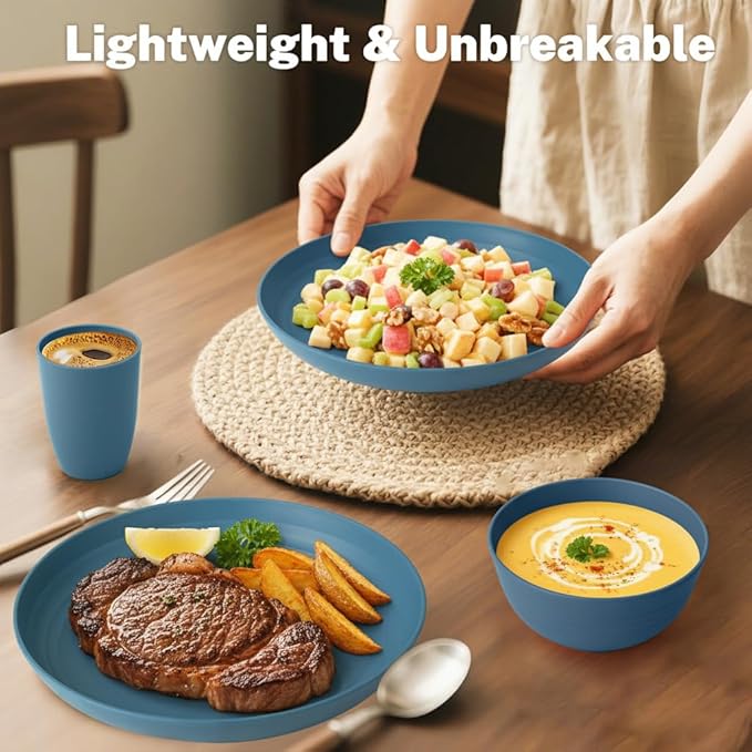 Dinnerware Sets for 8, Wheat Straw Bowls and Plates Set, Microwave and Dishwasher Safe Dish Sets 32 PCS, Unbreakable & Lightweight Camping Plates Cups and Bowls Set for Kitchen - Blue