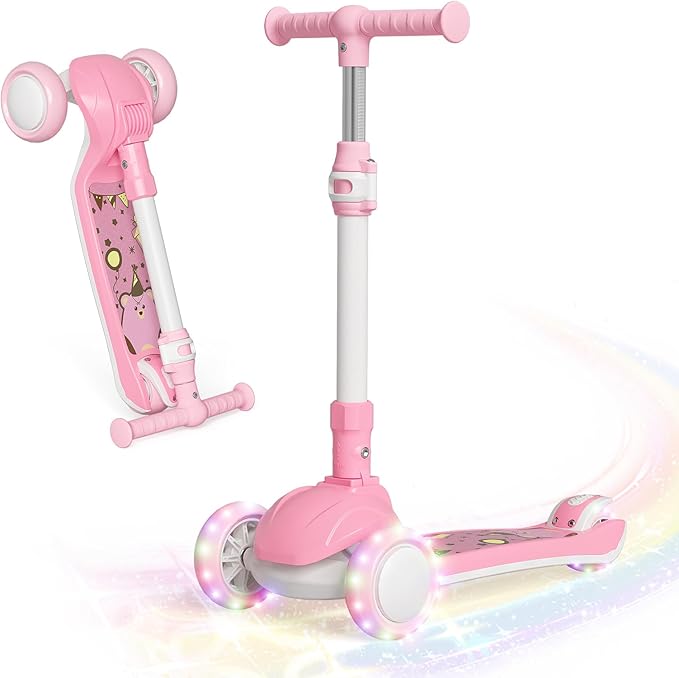 Kick Scooter Kids with LED Lighted Wheels and 3 Adjustable Height, Lean-to-Steer & Widen Anti-Slip Deck, 3 Wheel Scooter for Boys & Girls Up to 110 Lbs