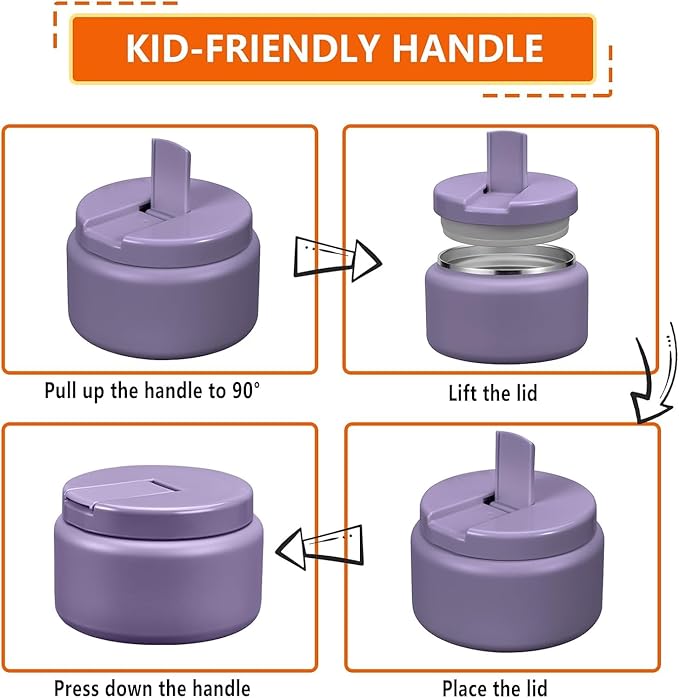 13.5oz Kids Jar for Hot Food, Insulated Vacuum Food Jar with Buckle Lid, Stainless Steel Wide Mouth Leak Proof Insulated Lunch Container for School Picnic Travel,Purple