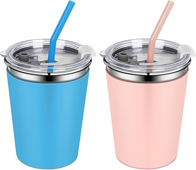 2 Pack Kids Cups with Straws and Lids Leak Proof, 12oz Sippy Cups for Toddlers with Colorful Sleeves, Unbreakable Stainless Steel Water Tumblers (Blue & Peach)