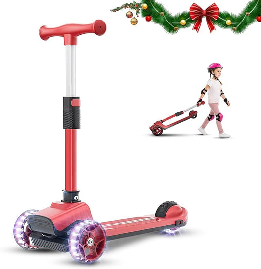 YING LU 3 Wheel Scooter for Kids, Adjustable Foldable Kids Kick Scooter with Luminous Tires & Rear Foot Brake, 50kg Capacity (Red)