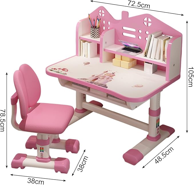 Kids Adjustable Study Desk & Chair Set w/ Storage,Drawers,Bookshelf,Child Toddler Writing Homework Table,Little Girl Work Computer Desk,Princess Preschool Table,Escritorio Mesas Para Niña (Pink B)