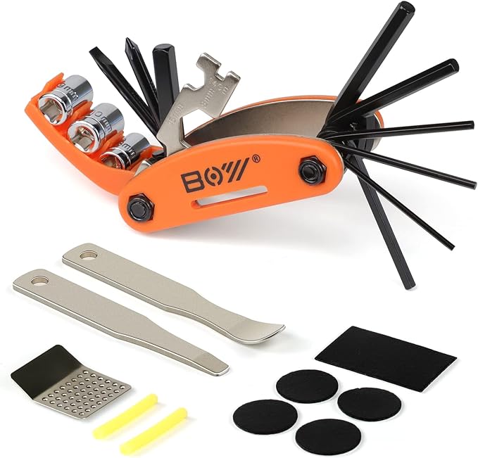 Bike Tool Kit Set, Portable Bike Repair Kit include 16 in 1 Multi Tool, 2 iron Tire Levers and 5 Pre-glued Patch Tire Patch, Metal Files, All in One Mini Tool Bag