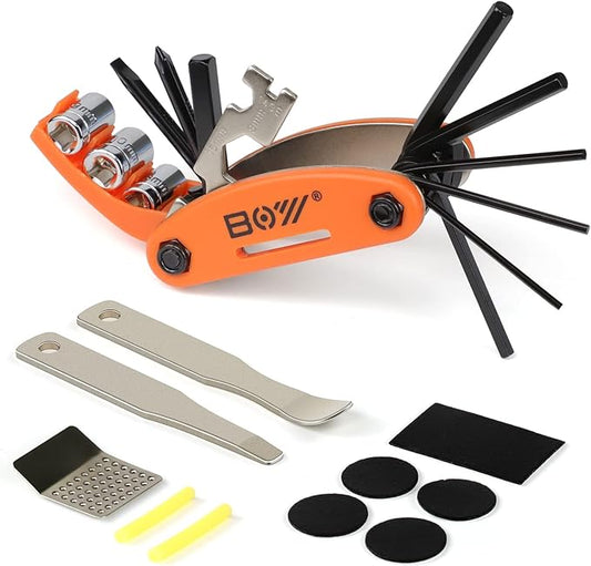Bike Tool Kit Set, Portable Bike Repair Kit include 16 in 1 Multi Tool, 2 iron Tire Levers and 5 Pre-glued Patch Tire Patch, Metal Files, All in One Mini Tool Bag