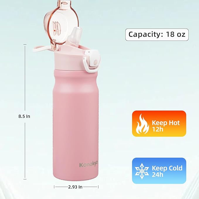 Insulated Water Bottle with Straw and Carry Loop,18 oz Stainless Steel Double Wall Vaccum Metal Water Flask with Leak-proof Lid,Pink