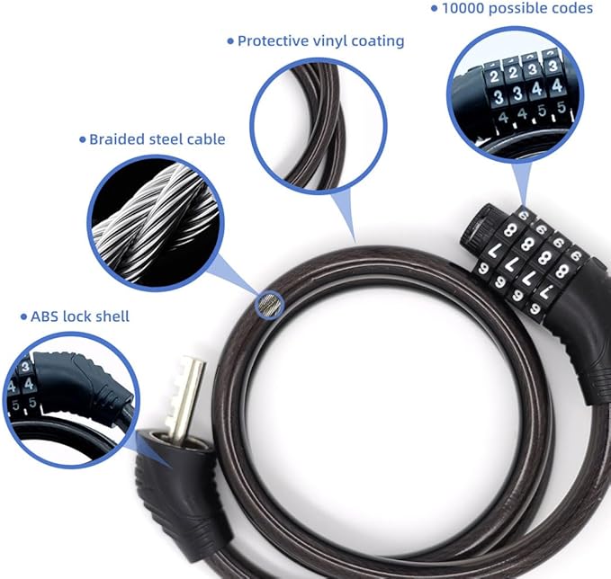 Bike Lock Cable, 30-inch Combination Lock, 4-Digit Resettable, Black