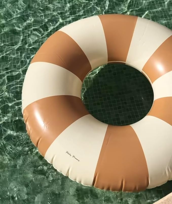 Petites-Pommes Tubes for Kids - Durable Pool Float, Handprinted Classic Striped Design Striped Swim Tube, Soft Comfort Seaming, Packable Floats for Travel, Light Brown, 35 inch