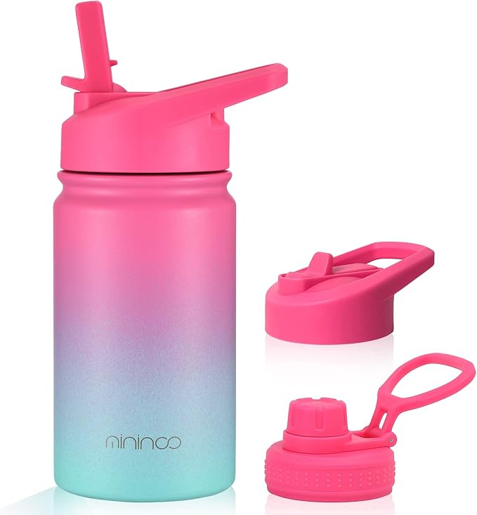 Mininoo Insulated Kids Water Bottle, 12 oz Stainless Steel Water Bottle Kids with Straw Lid and Chug Lid for Girls, Boys (Punch/Green)