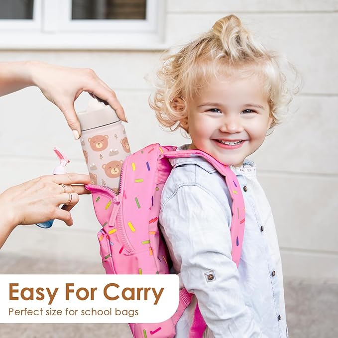 Bear Kids Water Bottle With Straw Lid 12oz Insulated Stainless Steel, Travel Tumbler, Bear Gifts For Boys Girls, Birthday, Christmas, Back To School