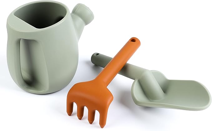 BLUE GINKGO Toddler Gardening Tools - Silicone Beach Toys, Garden Toys for Toddlers | Kids Shovel and Rake Set, Watering Can, Sand Molds | Outdoor Baby Gardening Set (Green)