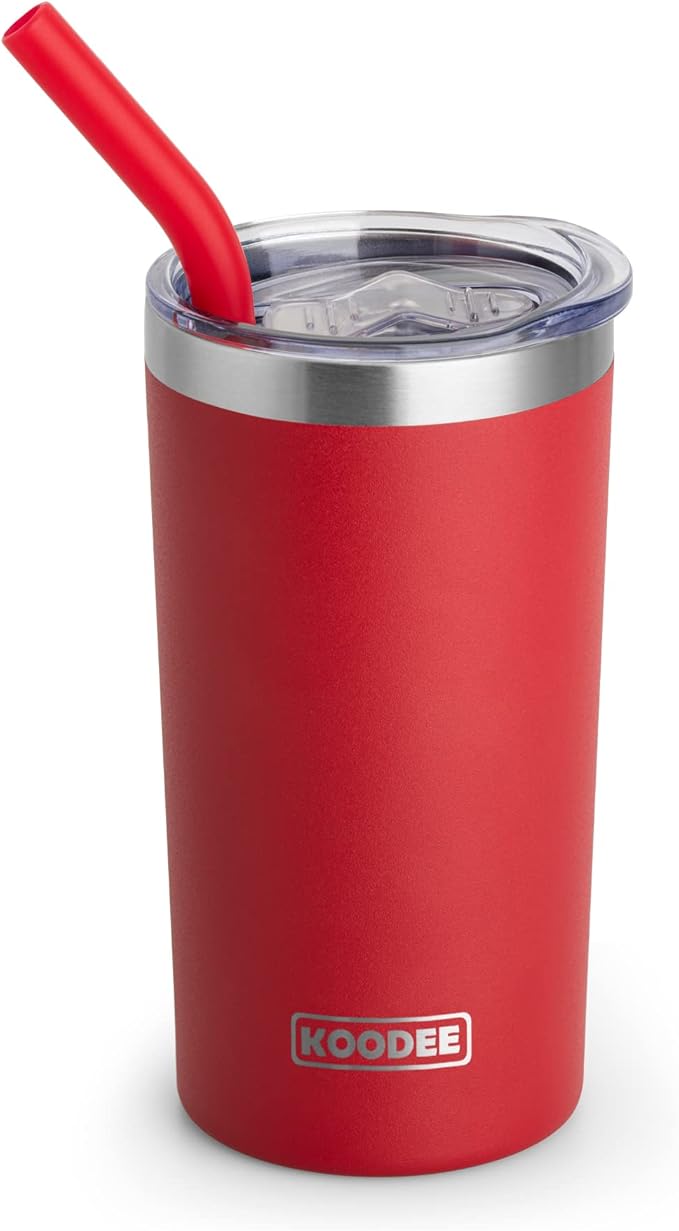 koodee Tumbler with Lid and Straw-12 oz Insulated Coffee Tumbler Cup Stainless Steel Double Wall Skinny Coffee Mug, Sweat-Free (Canyon Red)