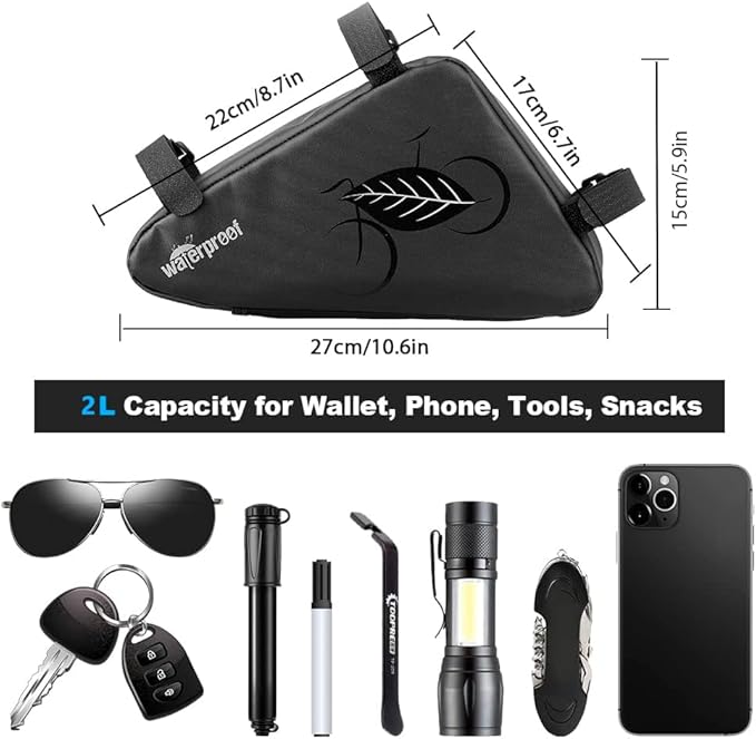 NDakter Bike Bicycle Frame Storage Bag, 2L Waterproof Bicycles Triangle Pouch, Cycling Pack for Phone, Wallet, Keys, Tools, Accessories, Bikes Front Tube Bag for Mountain Road Bike, MTB