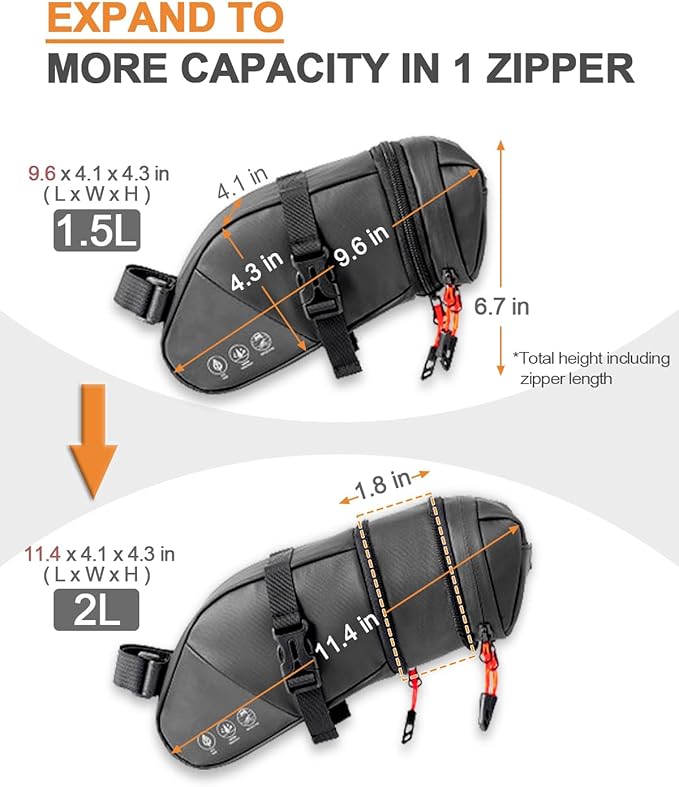 Bike Seat Bag, Expandable Bicycle Saddle Bag Under Seat, Waterproof Cycling Seat Pack for Mountain Road Bikes and Commuter, 1.5-2L