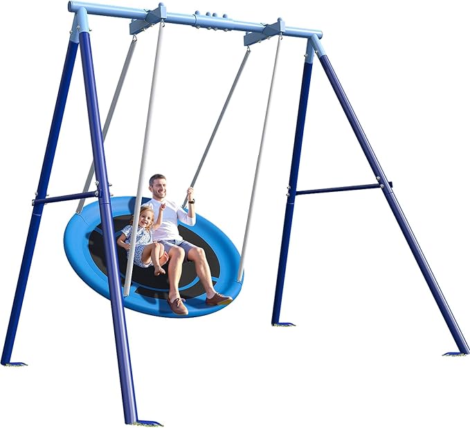 Waterproof 50-Inch Saucer Swing with Frame, 600 lbs Heavy-Duty Metal A-Frame for Outdoor Use, Stabilizer & Large Swing Range Design with Easy Assemble Swing Sets for Backyard for Kids & Adults