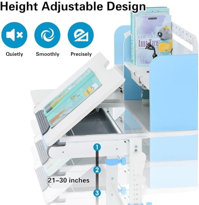COSVALVE 39in Wide Adjustable Height Kids Desk with Tilting Desktop, Steel Frame, Drawer, and Bookshelf Hutch, Study Child Table for Ages 3-12, Blue